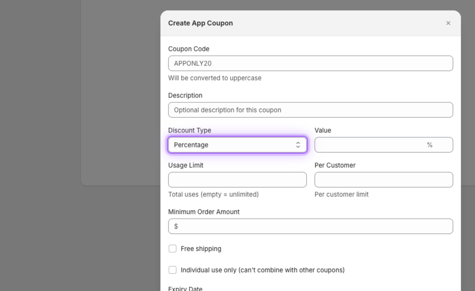 Discount type selector