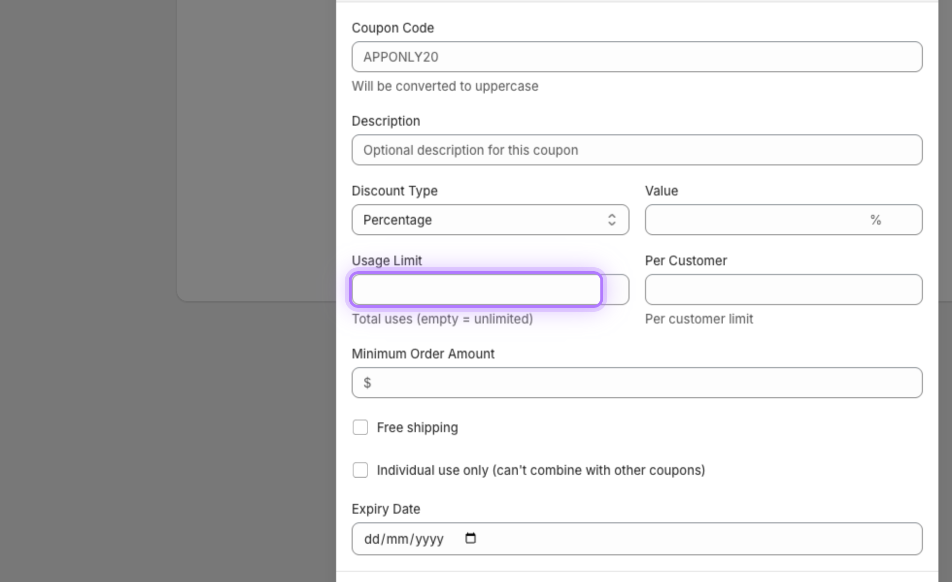 Usage limit field