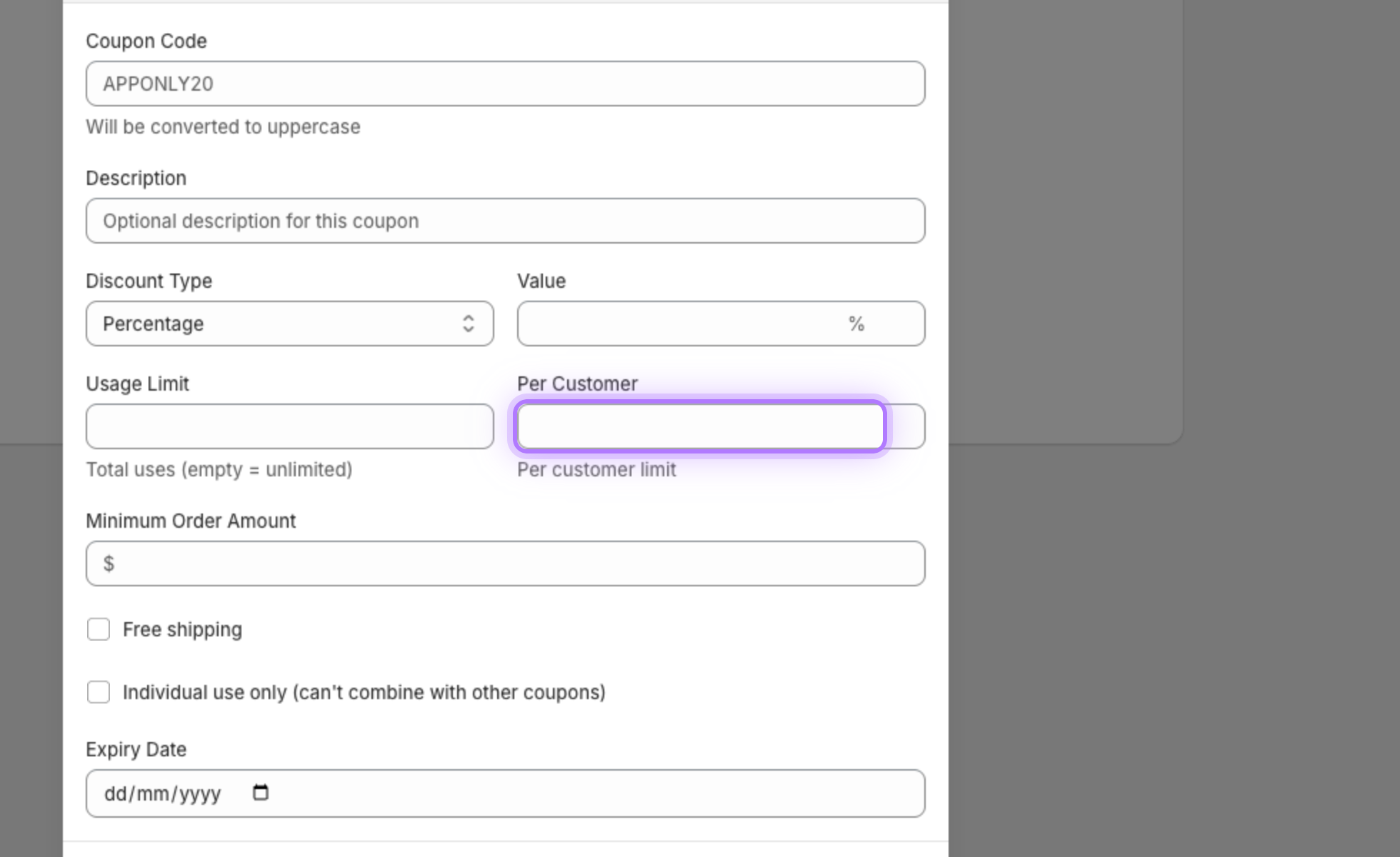 Per customer limit field