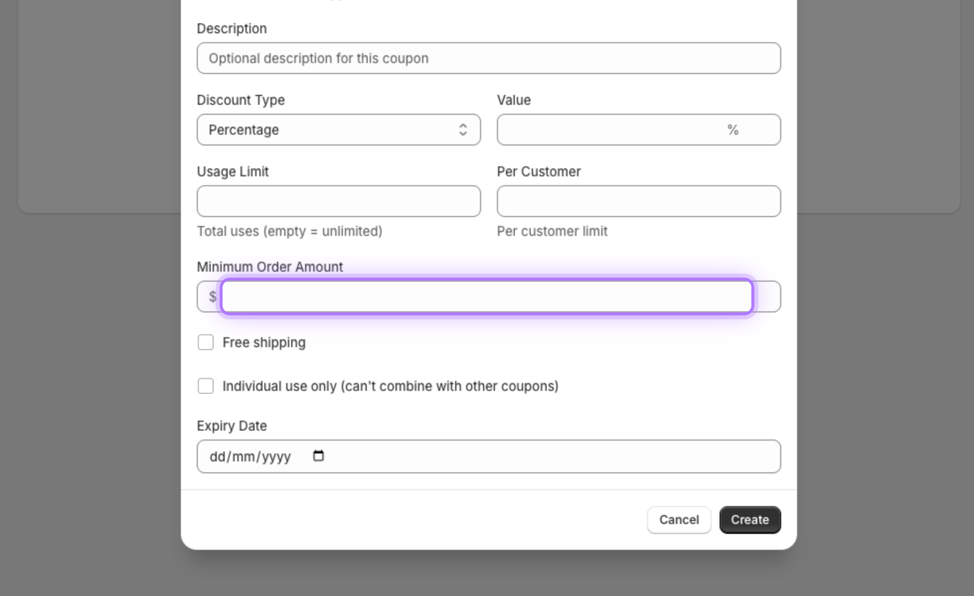 Minimum order field