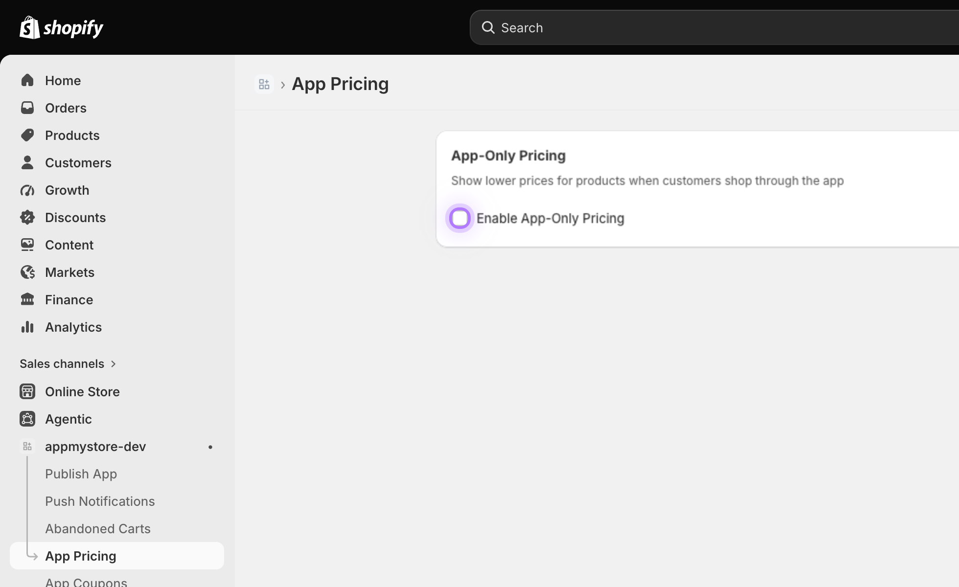 Enable app-only pricing toggle